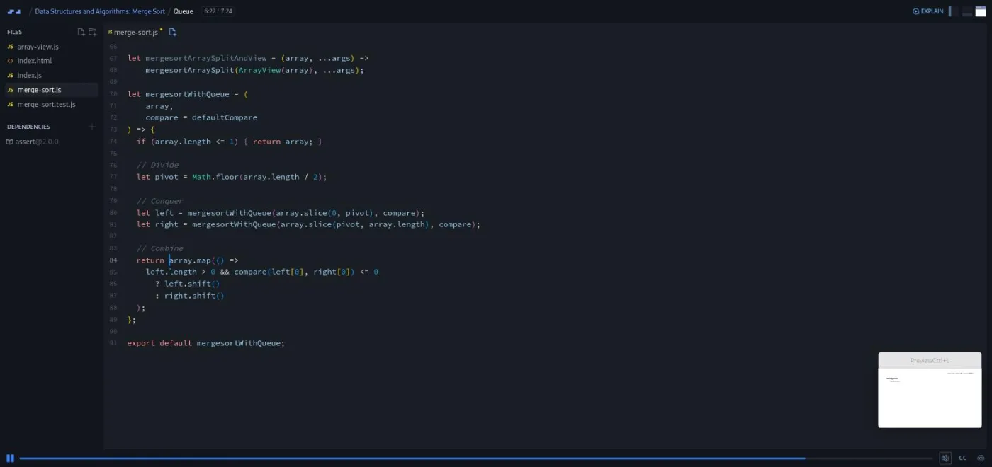 Data Structures and Algorithms: Merge Sort, queue lesson: a code editor shows a short merge step using map and a ternary.