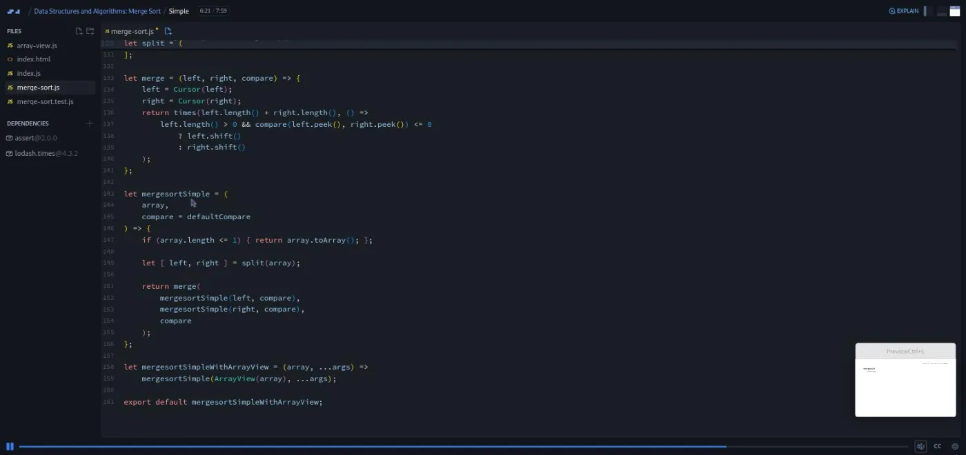 Data Structures and Algorithms: Merge Sort, simple lesson: a code editor shows the final merge sort file with tests green.