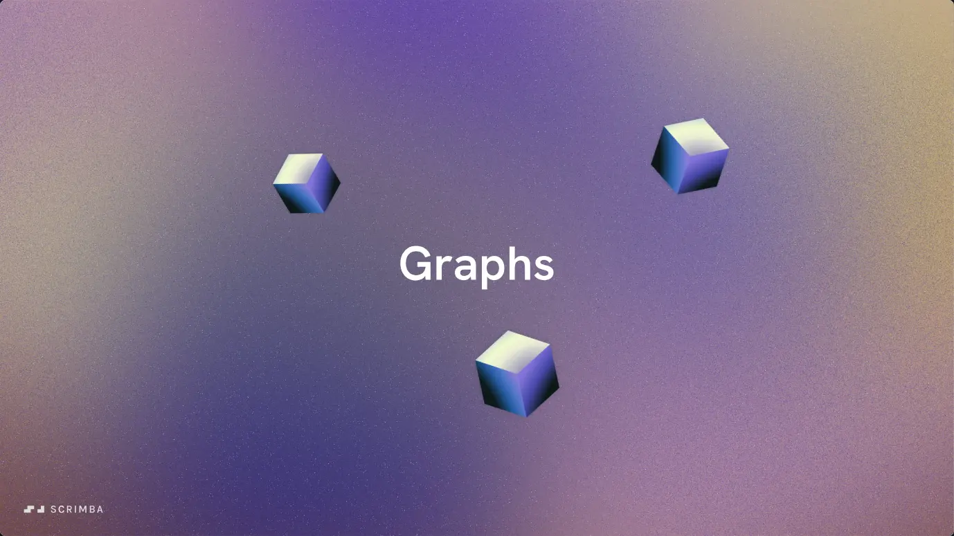 Title slide of the Graphs lesson in Scrimba's Data Structures and Algorithms course, reading Graphs with three floating cubes on a gradient