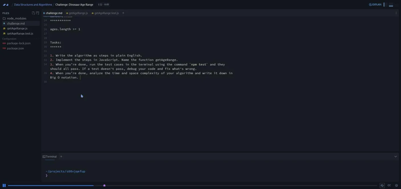 Data Structures and Algorithms, Dinosaur Age Range challenge: a markdown file listing four numbered tasks.