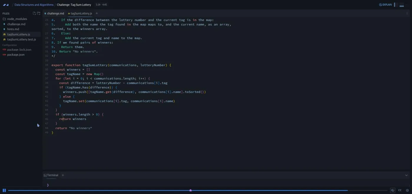 Data Structures and Algorithms, Tag Sum Lottery challenge: code editor showing the finished solution using a Map.