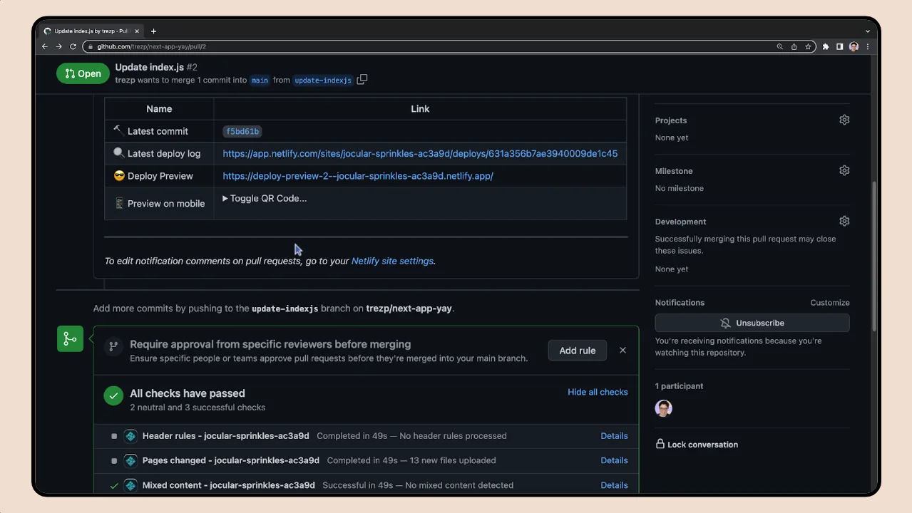 Deploying with Netlify, Deploy Preview lesson: a GitHub pull request with the Netlify bot's comment and preview link.