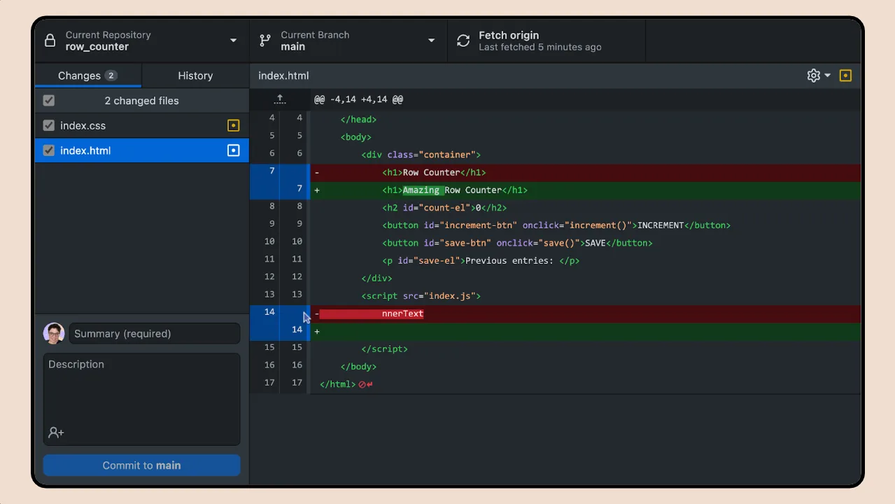 Deploying with Netlify, Continuous Deployment lesson: GitHub Desktop showing a code diff before a commit.