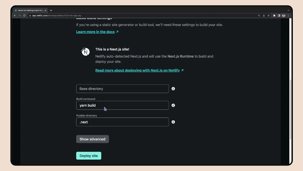 Deploying with Netlify, Continuous Deployment lesson: Netlify's import screen with build settings already filled in.