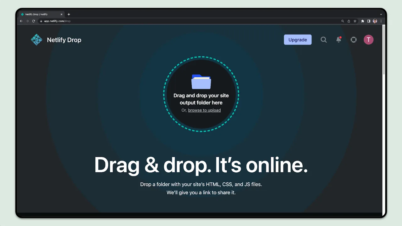 Deploying with Netlify, Drop Deploy lesson: a slide of the Netlify Drop page with a dashed drag-and-drop circle.