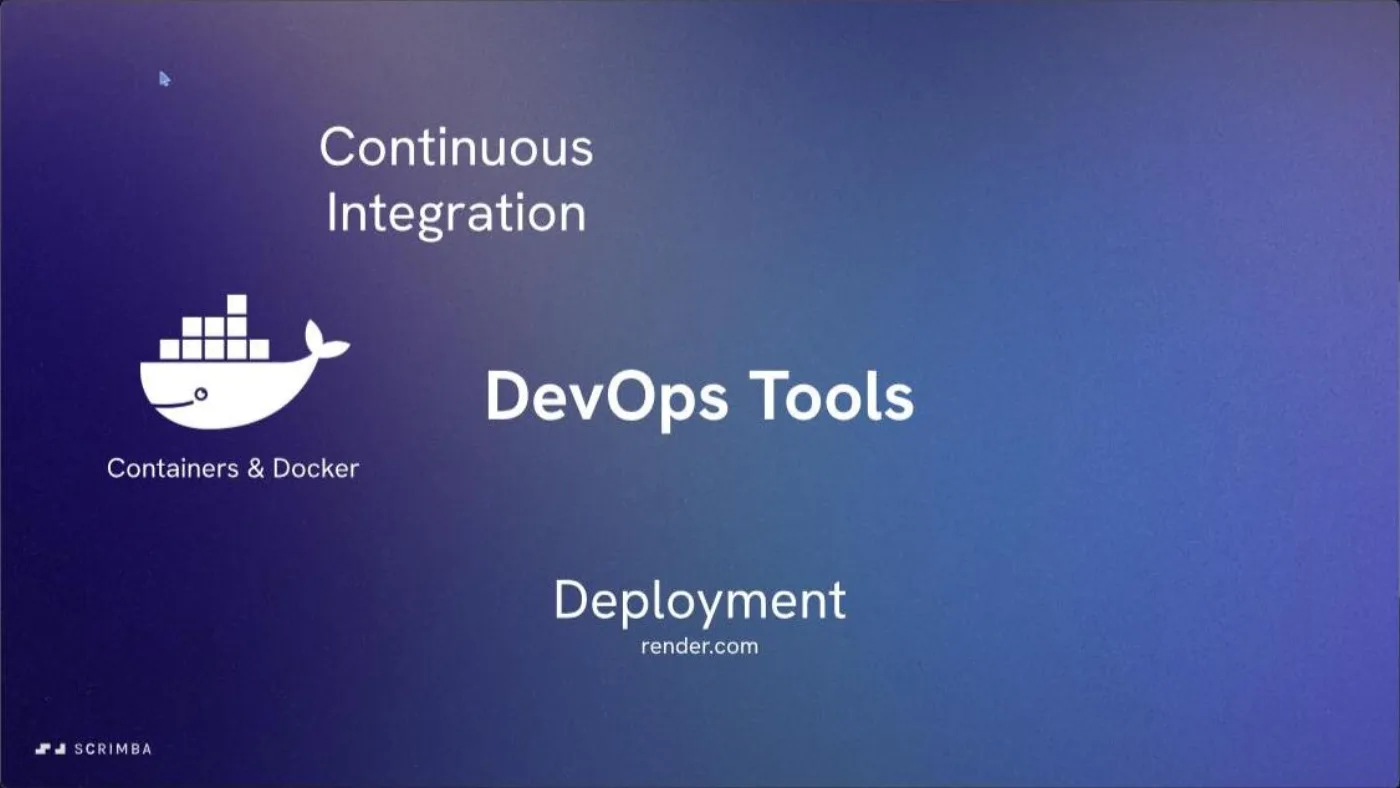 Scrimba Intro to DevOps title card: Containers & Docker, Deployment on render.com, Continuous Integration, purple gradient, Docker whale icon