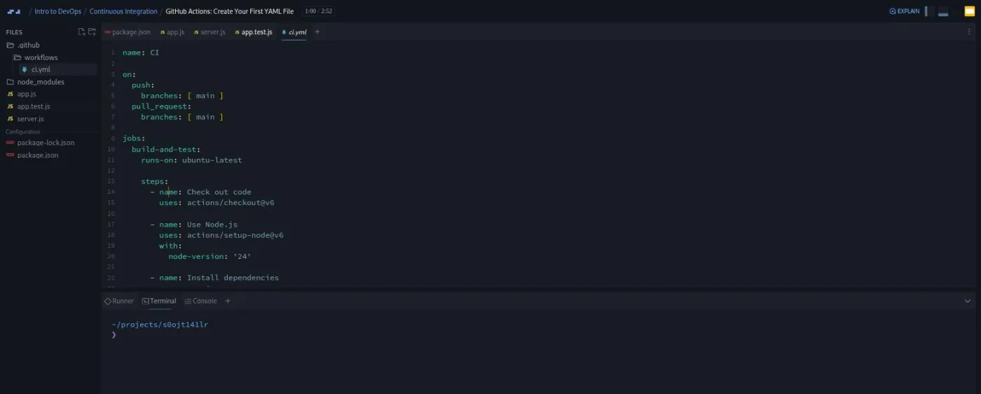 Scrimba Intro to DevOps, GitHub Actions YAML lesson: ci.yml with checkout and setup-node steps, file tree with .github/workflows