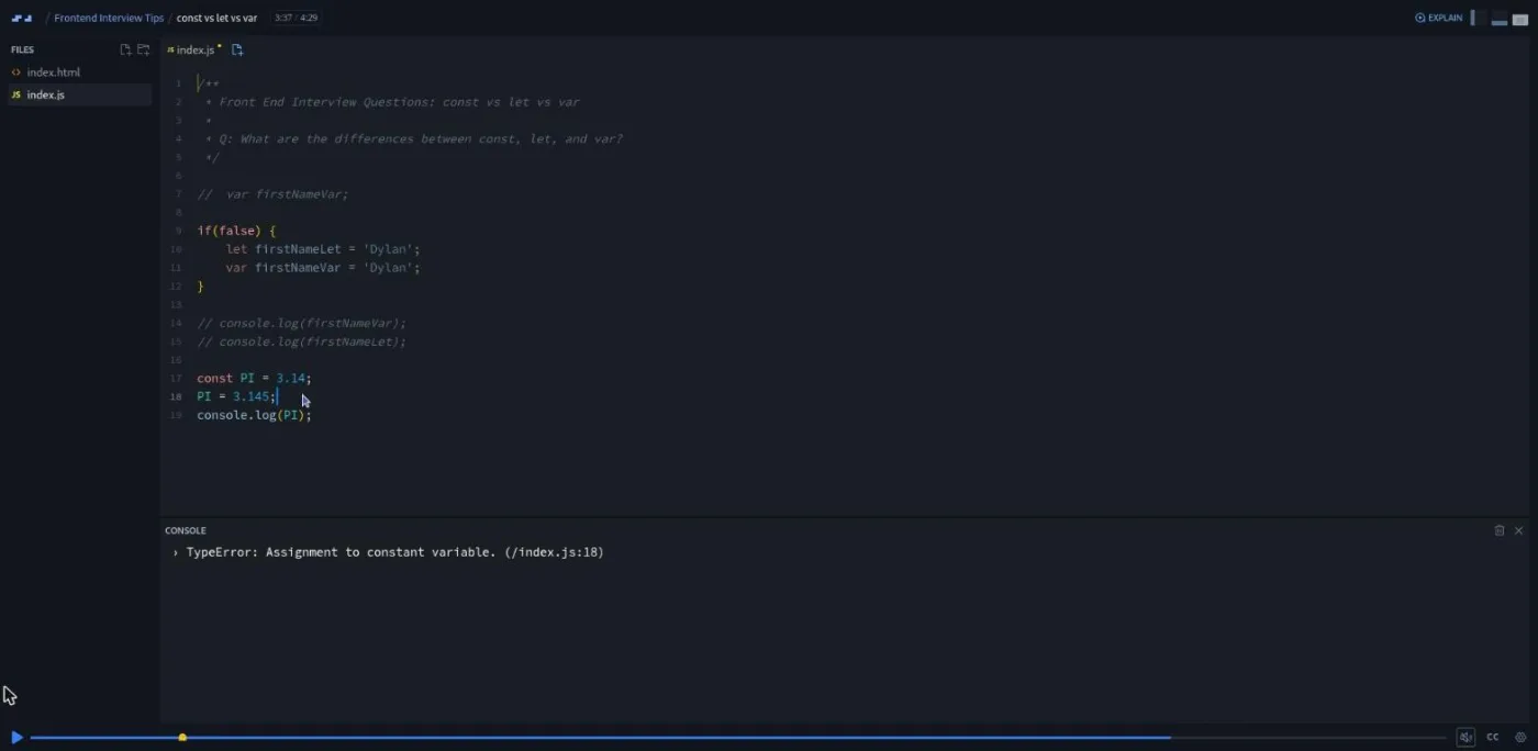 Frontend Interview Tips, const vs let vs var lesson: the console shows a type error from reassigning a constant.