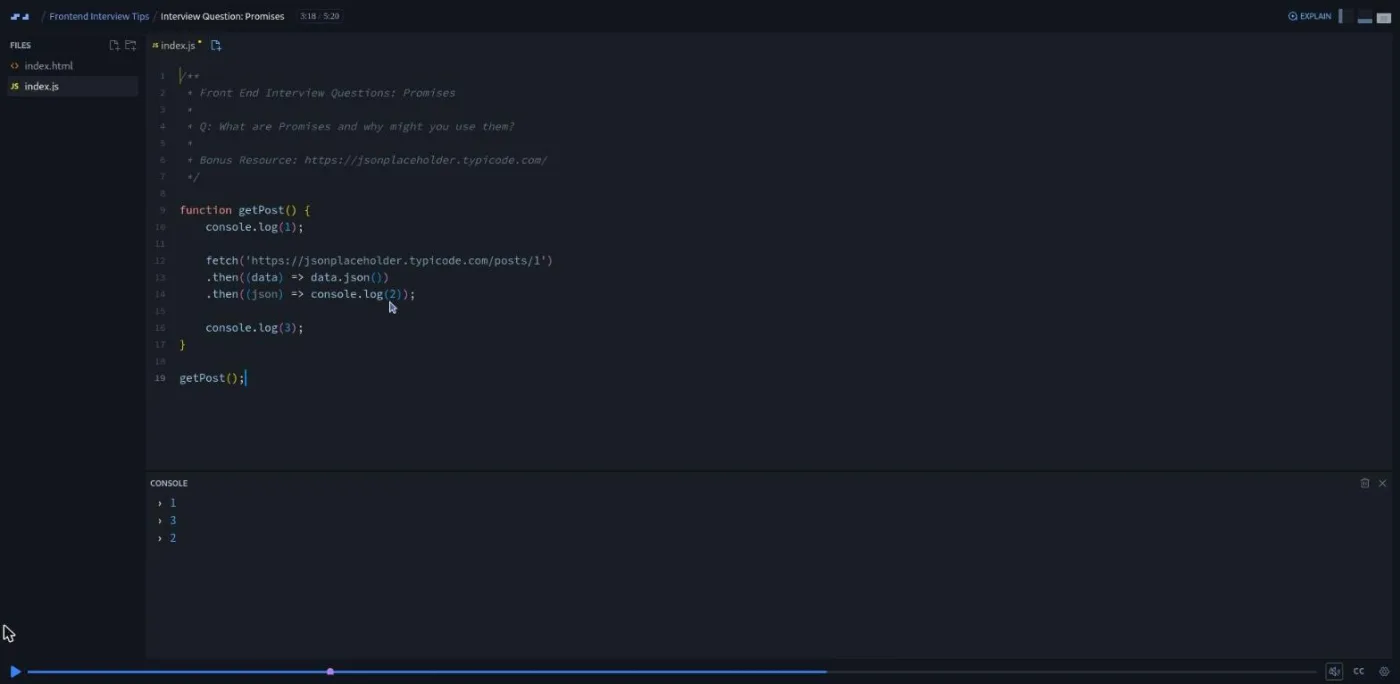 Frontend Interview Tips, Promises lesson: the console prints numbers out of order, showing async code resolving later.