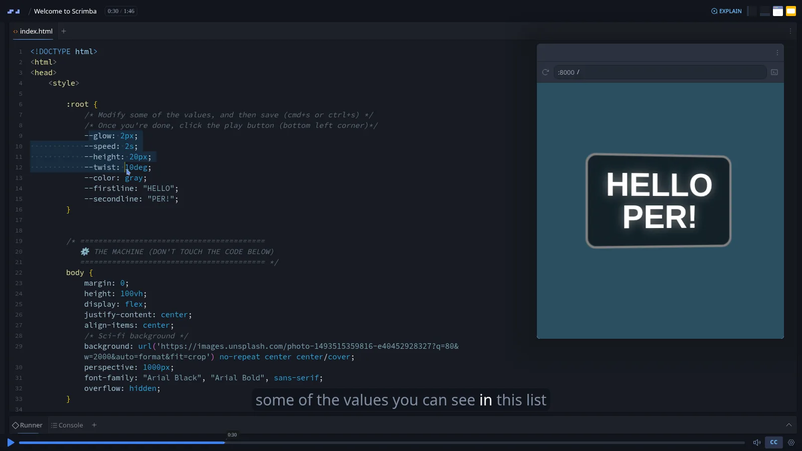 Welcome to Scrimba scrim paused: index.html with four CSS variables highlighted, and a mini browser rendering HELLO PER! on teal
