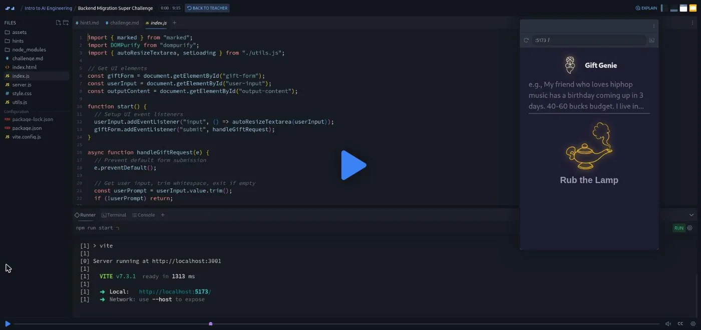 Intro to AI Engineering, Backend Migration Challenge: a code editor and terminal run a full-stack app beside its live preview.