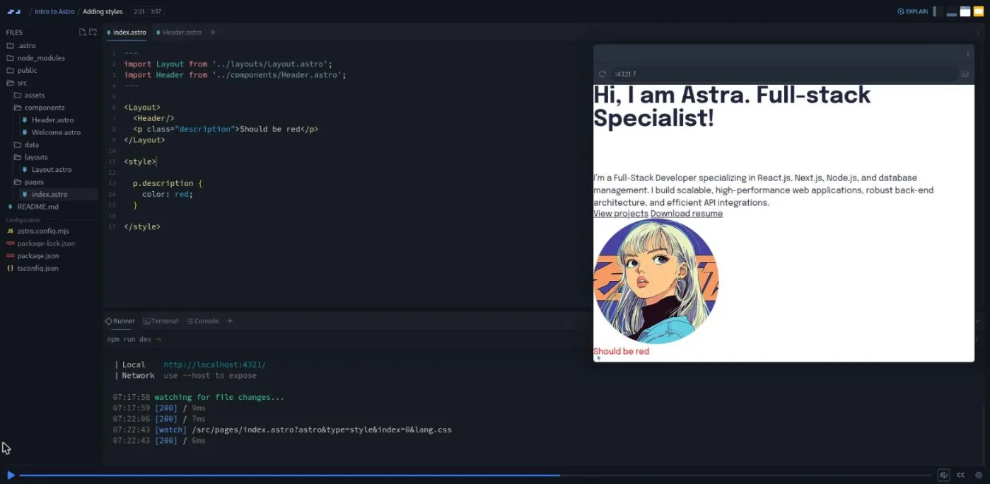 Intro to Astro, Adding styles lesson: browser preview showing one red paragraph and one still black despite the same CSS rule.