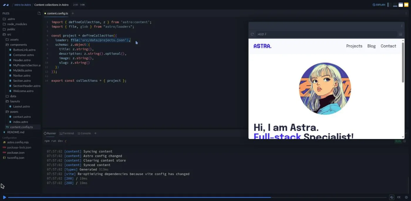 Intro to Astro, Content collections lesson: code editor showing a schema file beside a preview of the portfolio site.