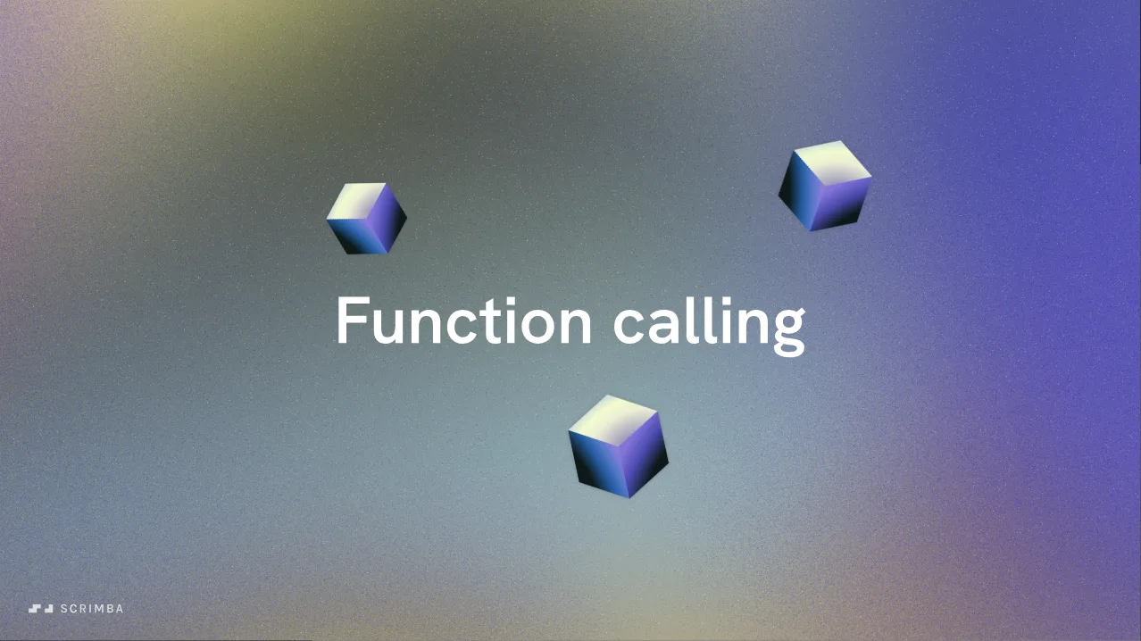 Title card for the function calling section of Scrimba's Intro to Mistral AI course, with three floating cubes