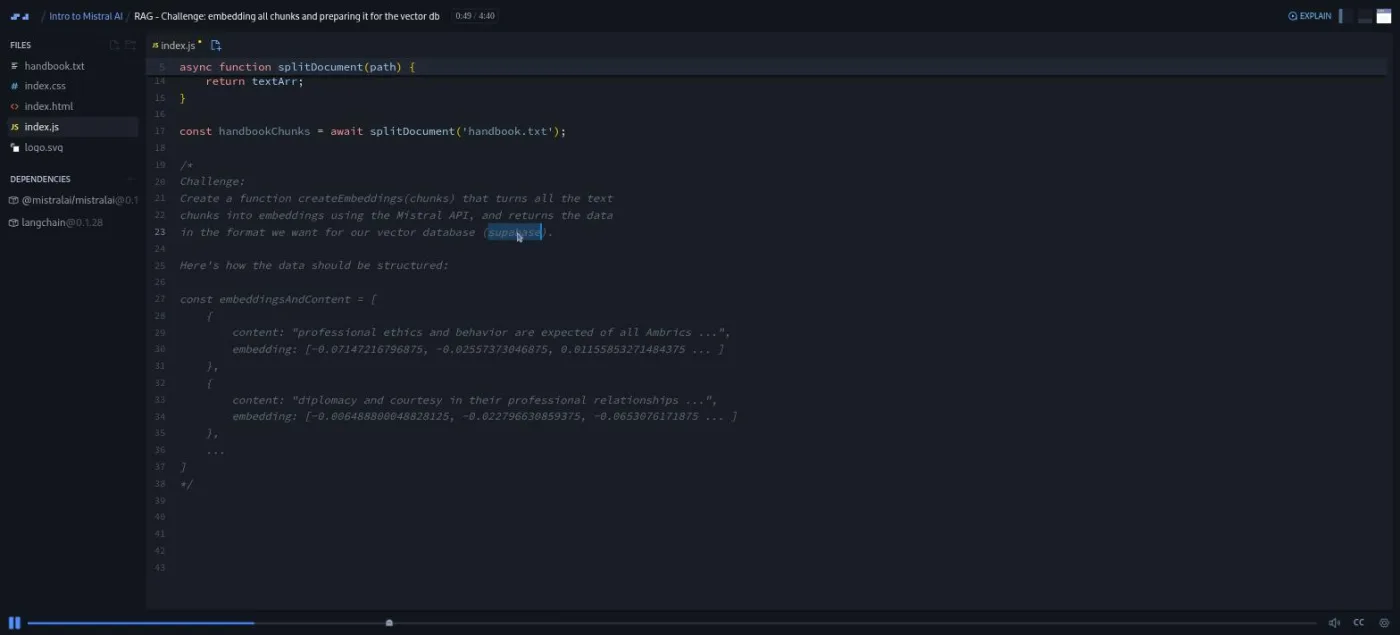 Intro to Mistral AI, embeddings challenge screen: a code editor shows only a comment brief, no code written yet.