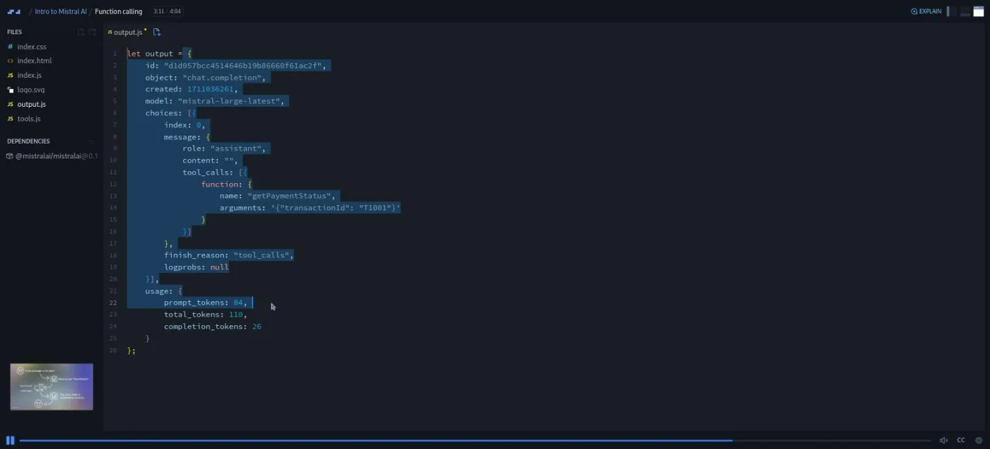 Intro to Mistral AI, function calling lesson: a code editor shows the model's raw response object after a tool call.