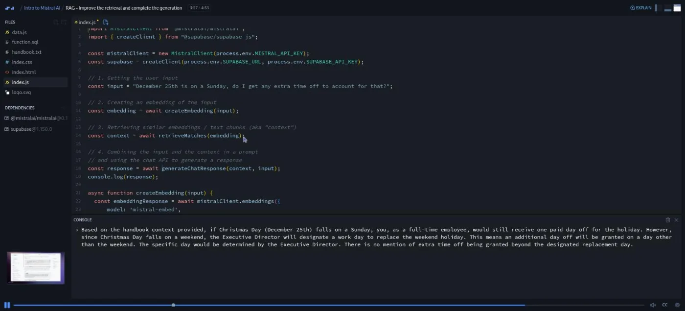Intro to Mistral AI, RAG lesson: a code editor beside a console printing a full sentence answer from the handbook bot.