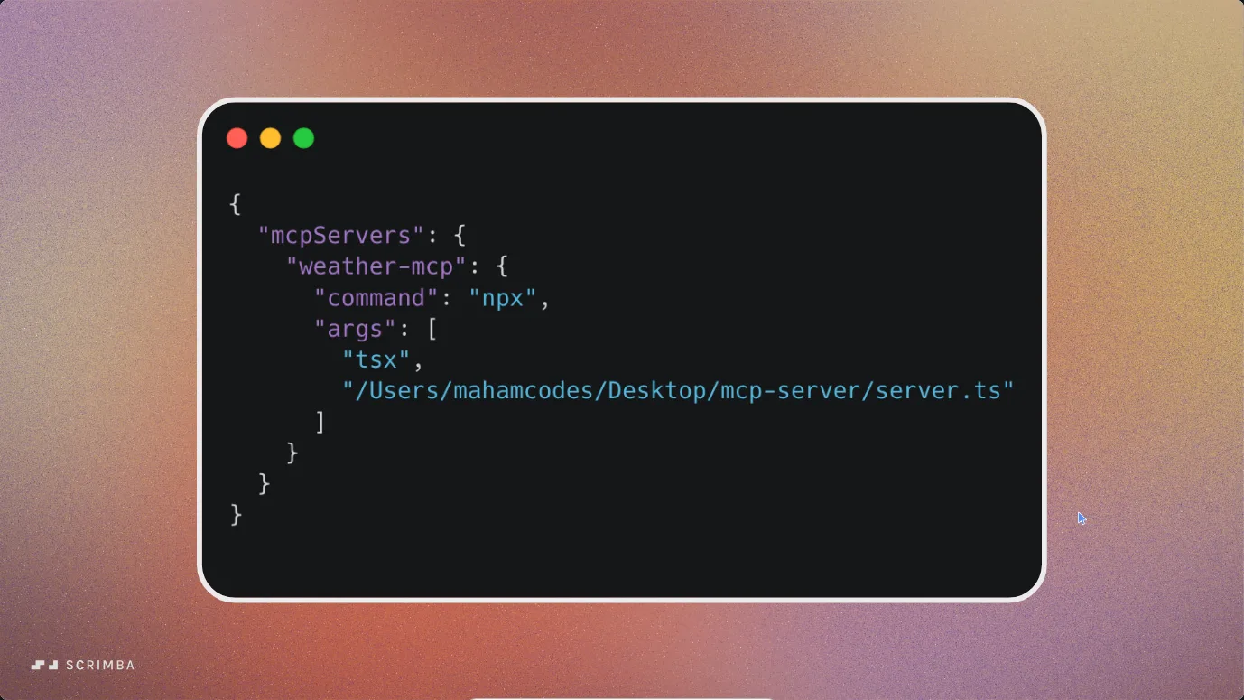 Intro to MCP, MCP clients lesson: a slide showing a Claude Desktop configuration file.