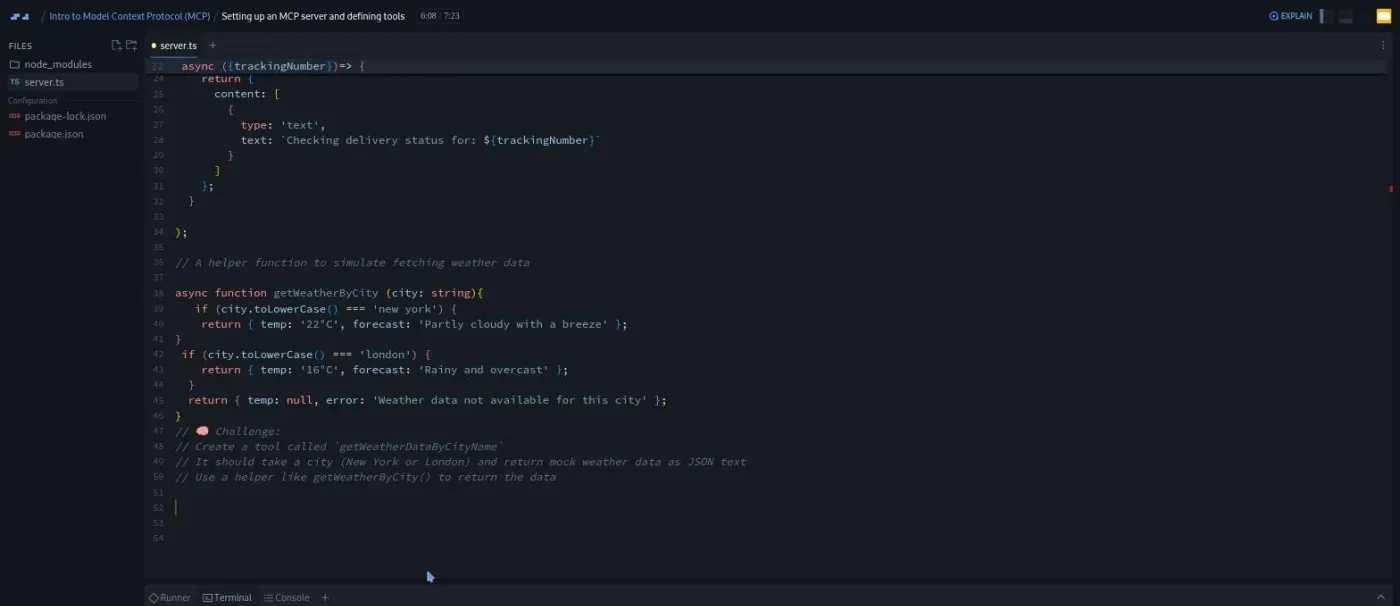 Intro to MCP, Setting up an MCP server lesson: code editor showing an example tool above a coding challenge.