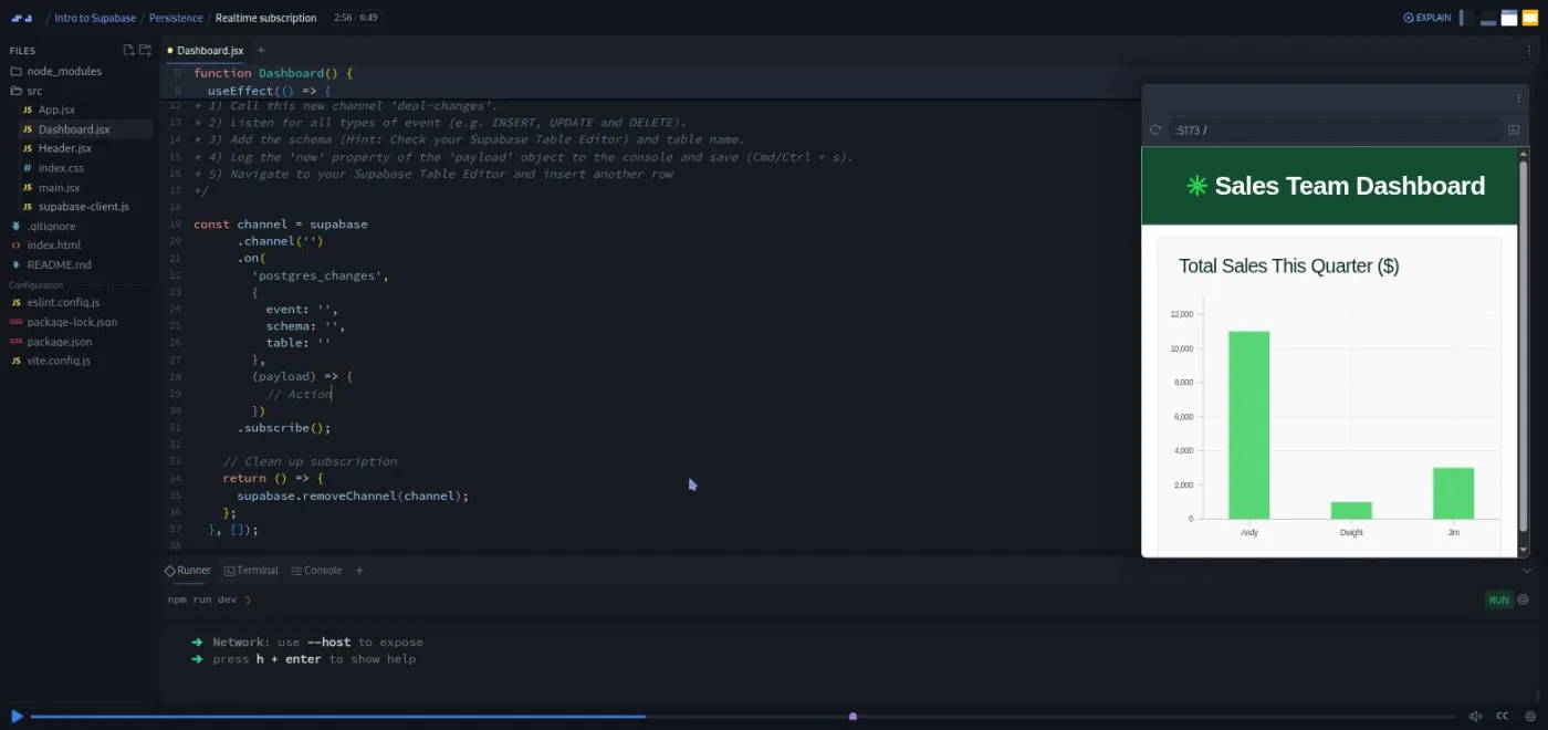 Intro to Supabase, Realtime subscription challenge: a code editor with a fill-in-the-blank brief beside a live bar chart preview.