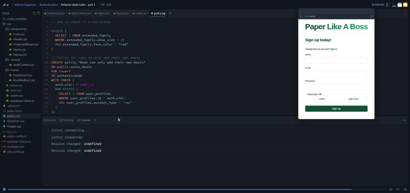 Intro to Supabase, Refactor deals table lesson: a code editor with a finished SQL policy written in a scratch file.