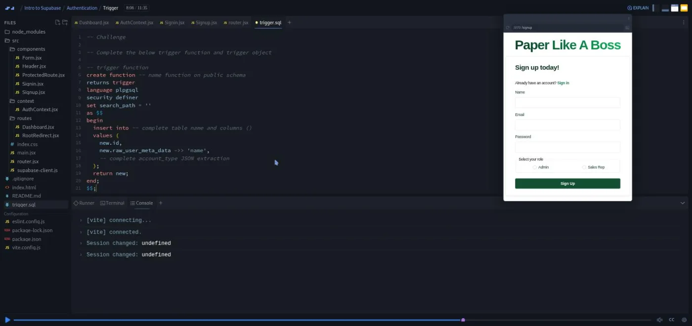 Intro to Supabase, Trigger challenge: a code editor with a partly blanked SQL function beside a sign-up form preview.