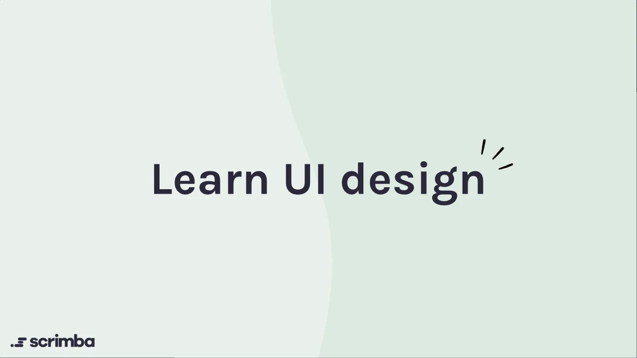 Title slide of the first scrim in Scrimba's Intro to UI Design Fundamentals, reading Learn UI design on a pale green background with the Scrimba logo