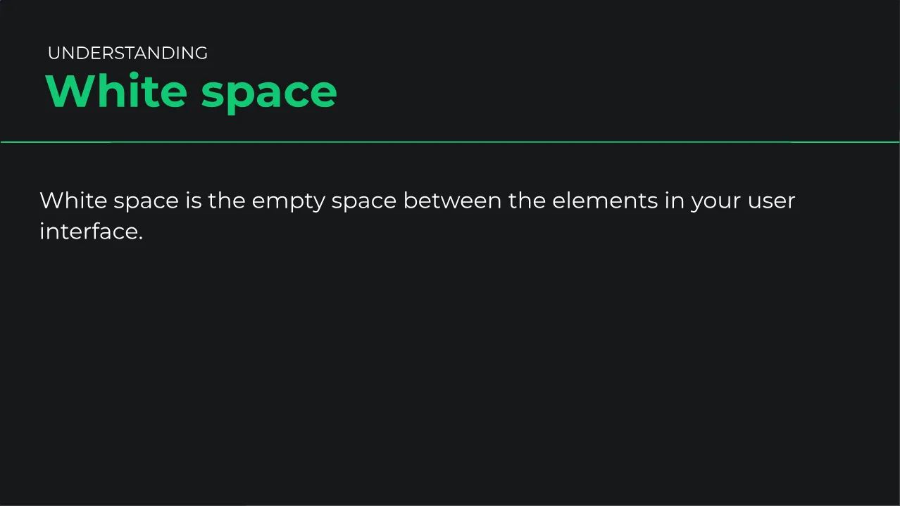 Slide from Scrimba's Intro to UI Design Fundamentals course: white space is the empty space between interface elements.