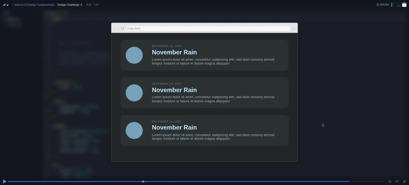 Intro to UI Design Fundamentals, Design Challenge 2: the same three cards redesigned with dark backgrounds and even spacing.