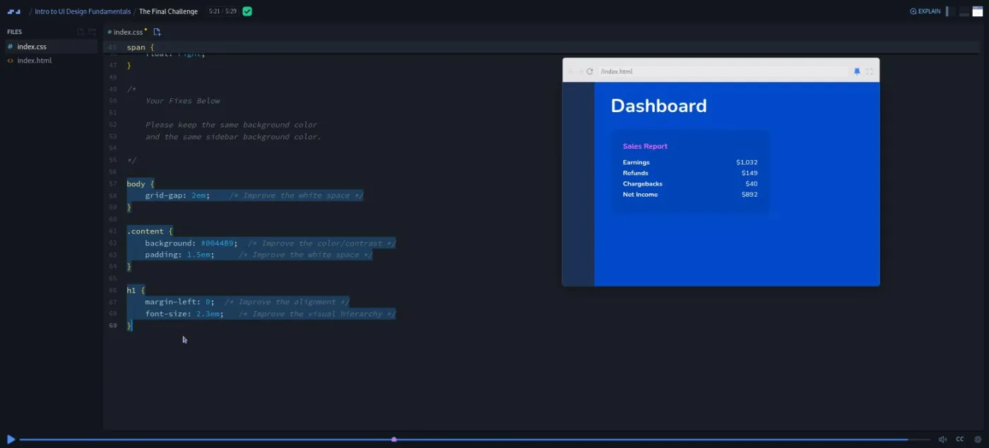 Intro to UI Design Fundamentals, The Final Challenge: a finished dashboard preview beside its completed CSS rules.