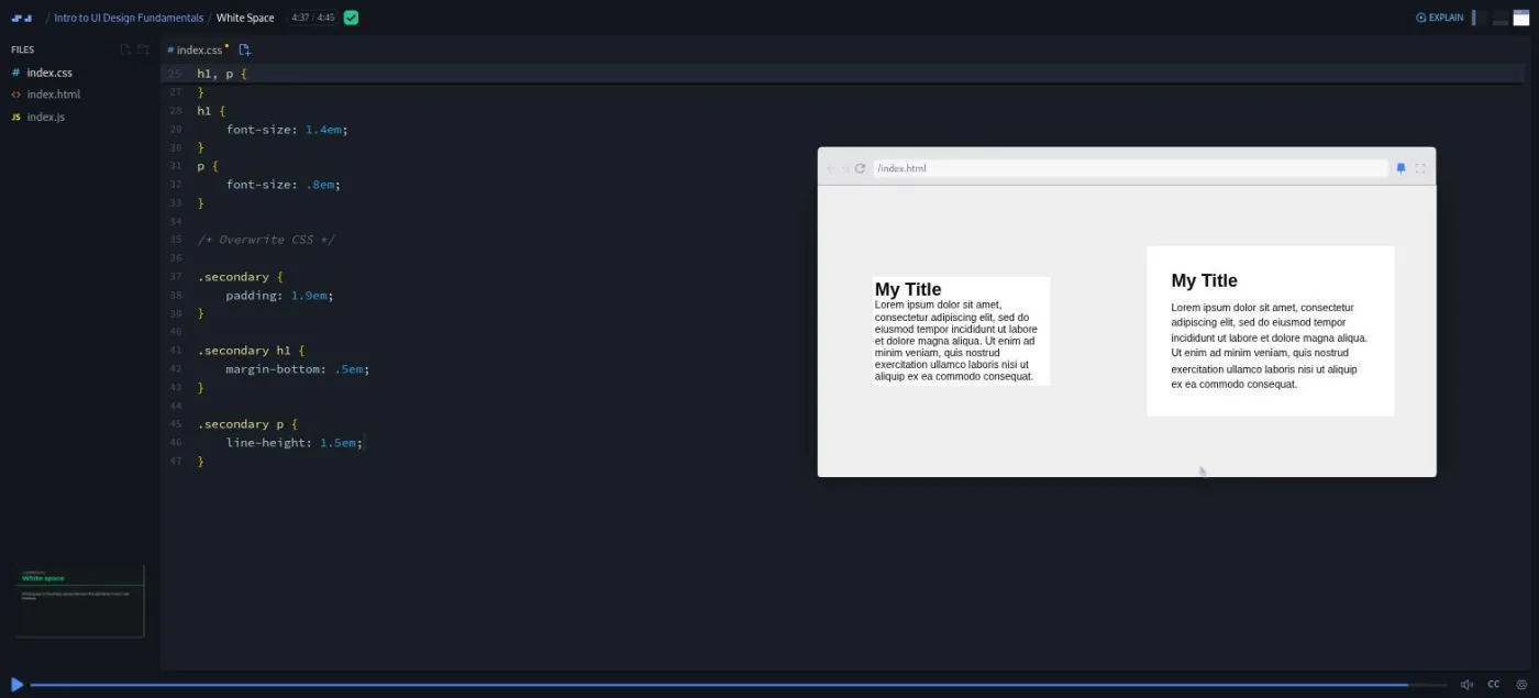 Intro to UI Design Fundamentals, White Space lesson: two identical cards side by side, one cramped and one evenly spaced.