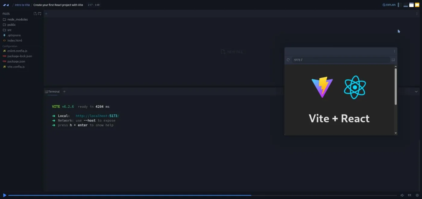 Intro to Vite, Create your first React project lesson: terminal showing the dev server running.