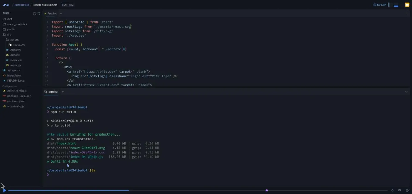 Intro to Vite, Handle static assets lesson: code editor beside a terminal showing the production build output.