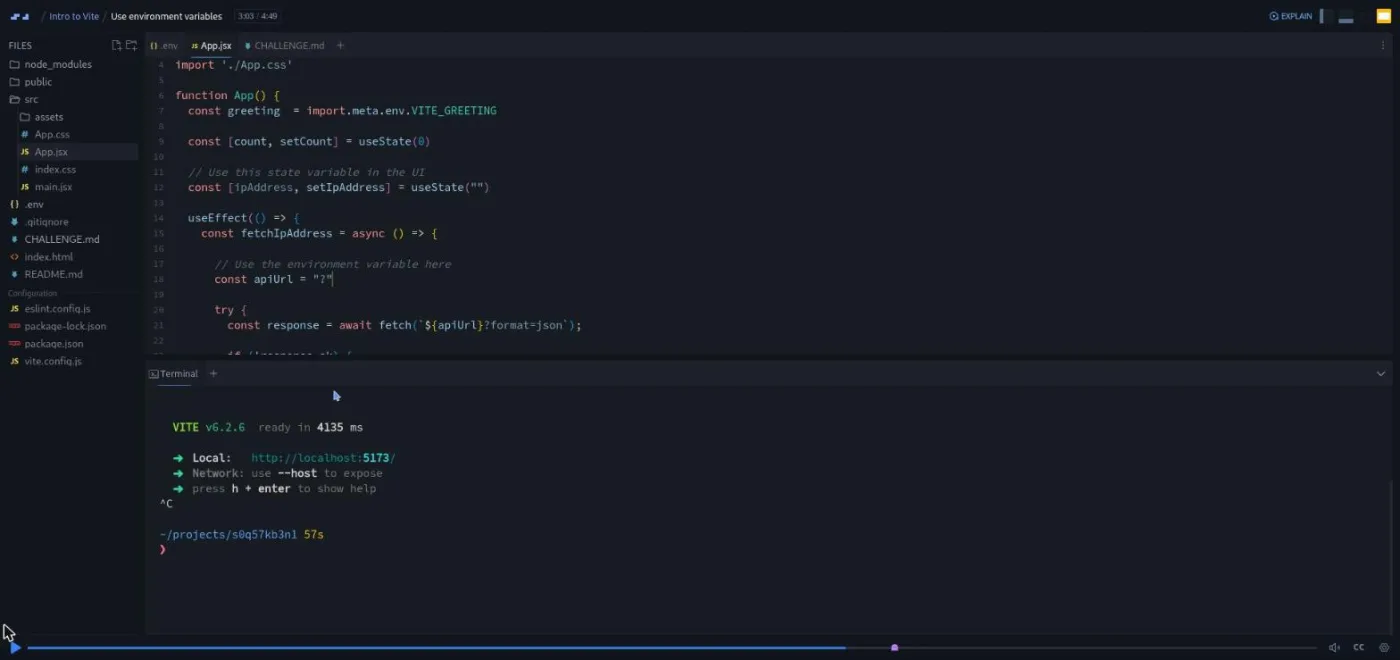 Intro to Vite, Use environment variables challenge: code editor showing fetch code with a gap to fill in.