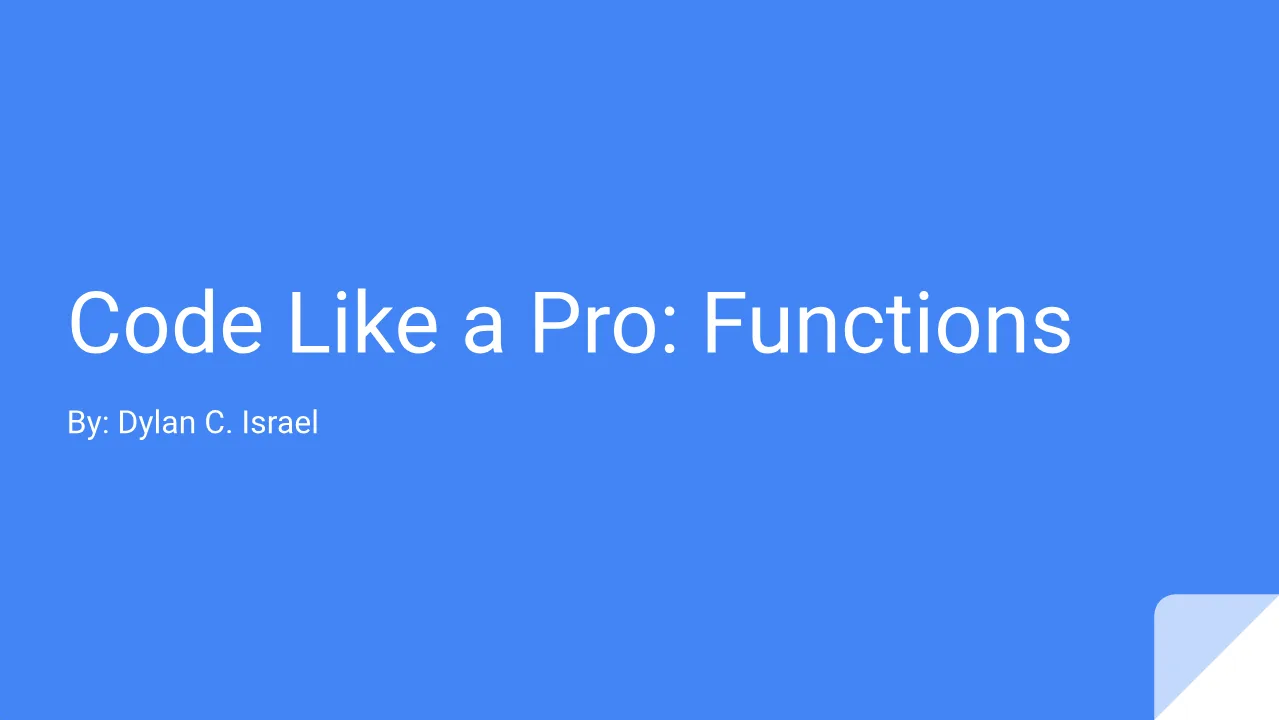 Title slide of the Clean Functions section in Scrimba's Introduction to Clean Code course: Code Like a Pro Functions, white on blue.