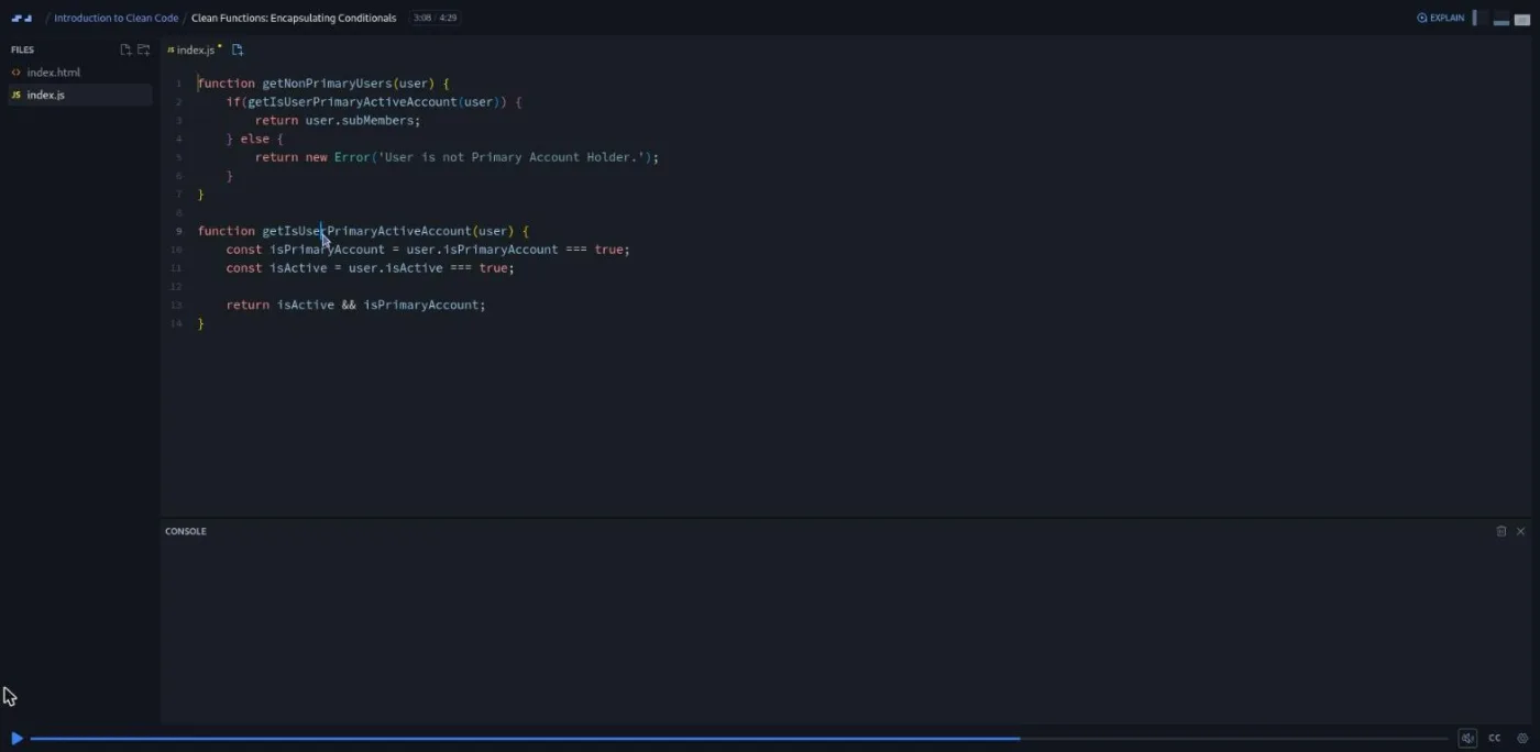 Introduction to Clean Code, Encapsulating Conditionals lesson: a code editor showing the refactored function.