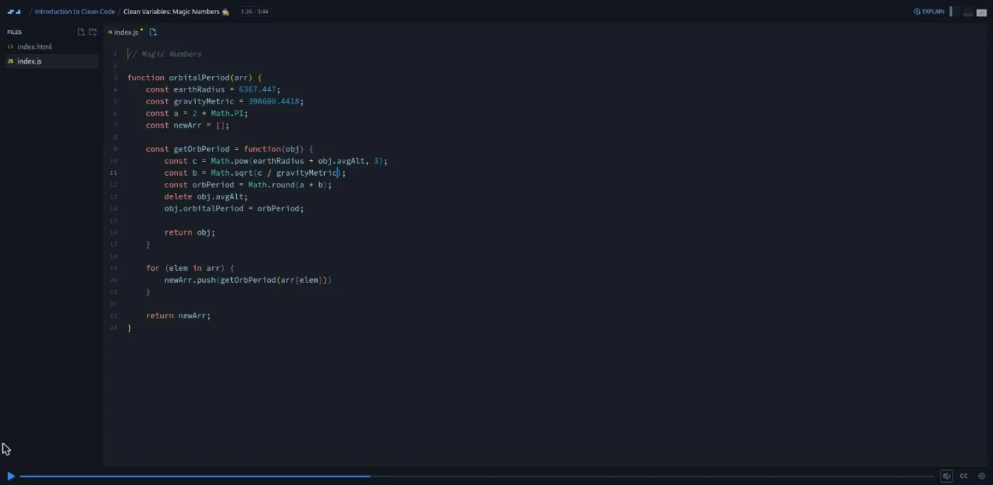 Introduction to Clean Code, Magic Numbers lesson: a code editor with two constants newly renamed from raw numbers.