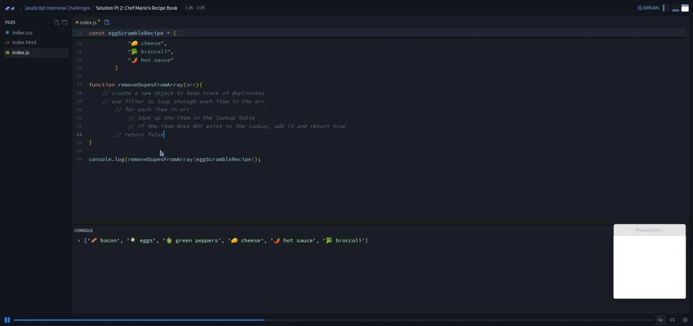 JavaScript Interview Challenges, Chef Mario solution: a code editor shows a function body written as pseudo code only.