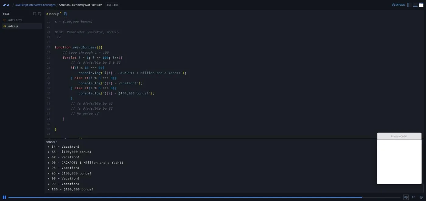 JavaScript Interview Challenges, FizzBuzz solution: a code editor and console list bonus messages for employee IDs.