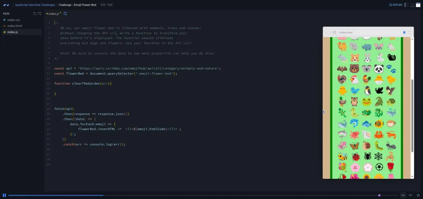 JavaScript Interview Challenges, Emoji Flower Bed challenge: a preview shows a grid of animal emoji with few flowers.
