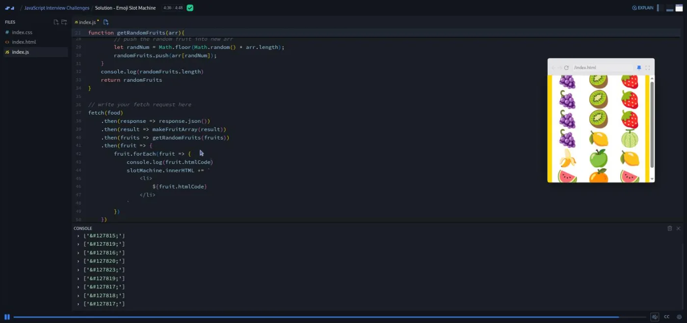 JavaScript Interview Challenges, Emoji Slot Machine solution: a preview shows rows of fruit emoji from an API fetch.