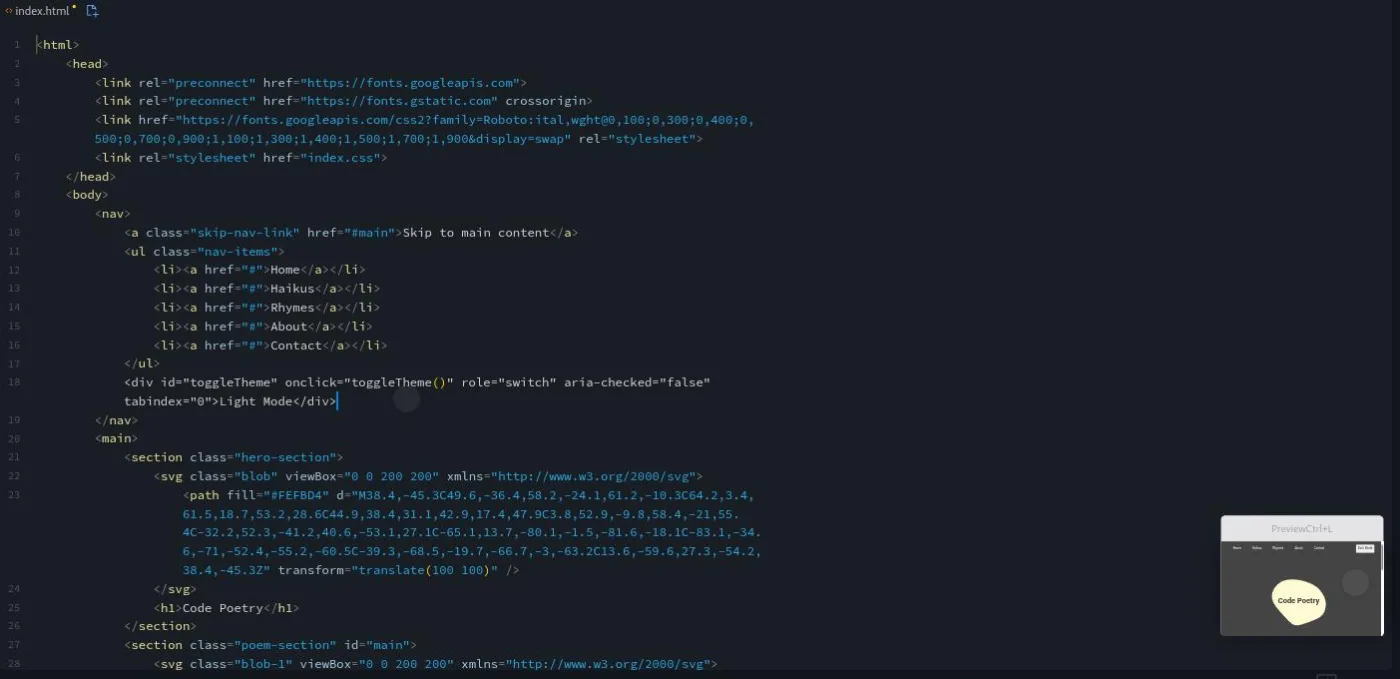 Learn Accessible Web Design, ARIA lesson: a code editor shows a toggle switch with role and state attributes added.