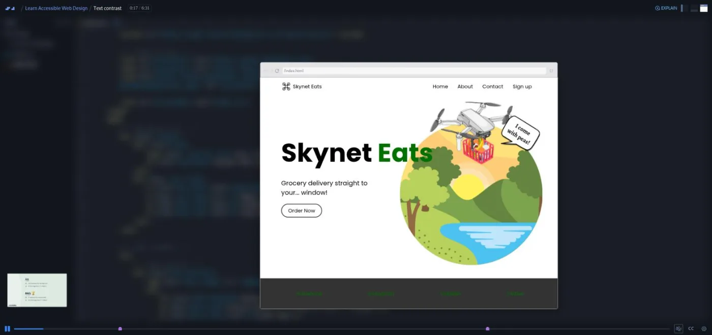 Learn Accessible Web Design, text contrast lesson: a browser preview shows text blending into the background behind it.