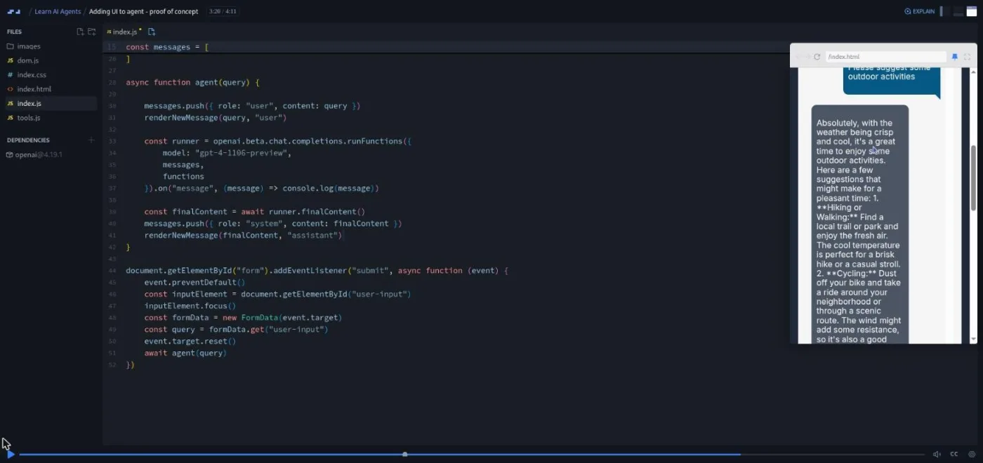 Learn AI Agents, Adding UI lesson: a chat window preview beside the code editor showing the agent's reply.