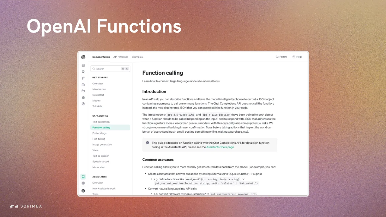 Slide from Scrimba's Learn AI Agents course titled OpenAI Functions, showing a screenshot of OpenAI's function calling documentation page