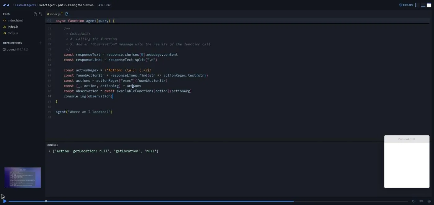 Learn AI Agents, ReAct Agent part 7: code editor and console panel showing the parsed function call.