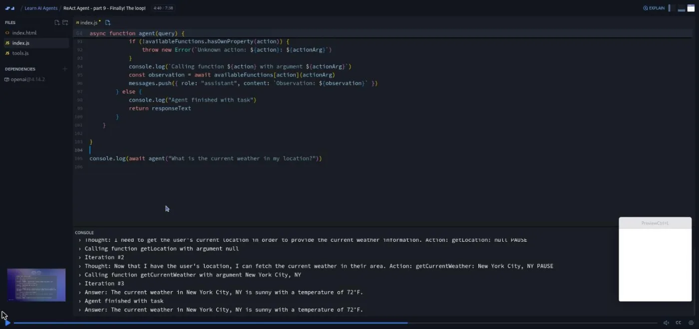 Learn AI Agents, ReAct Agent part 9: the console lists each loop iteration next to the code editor.