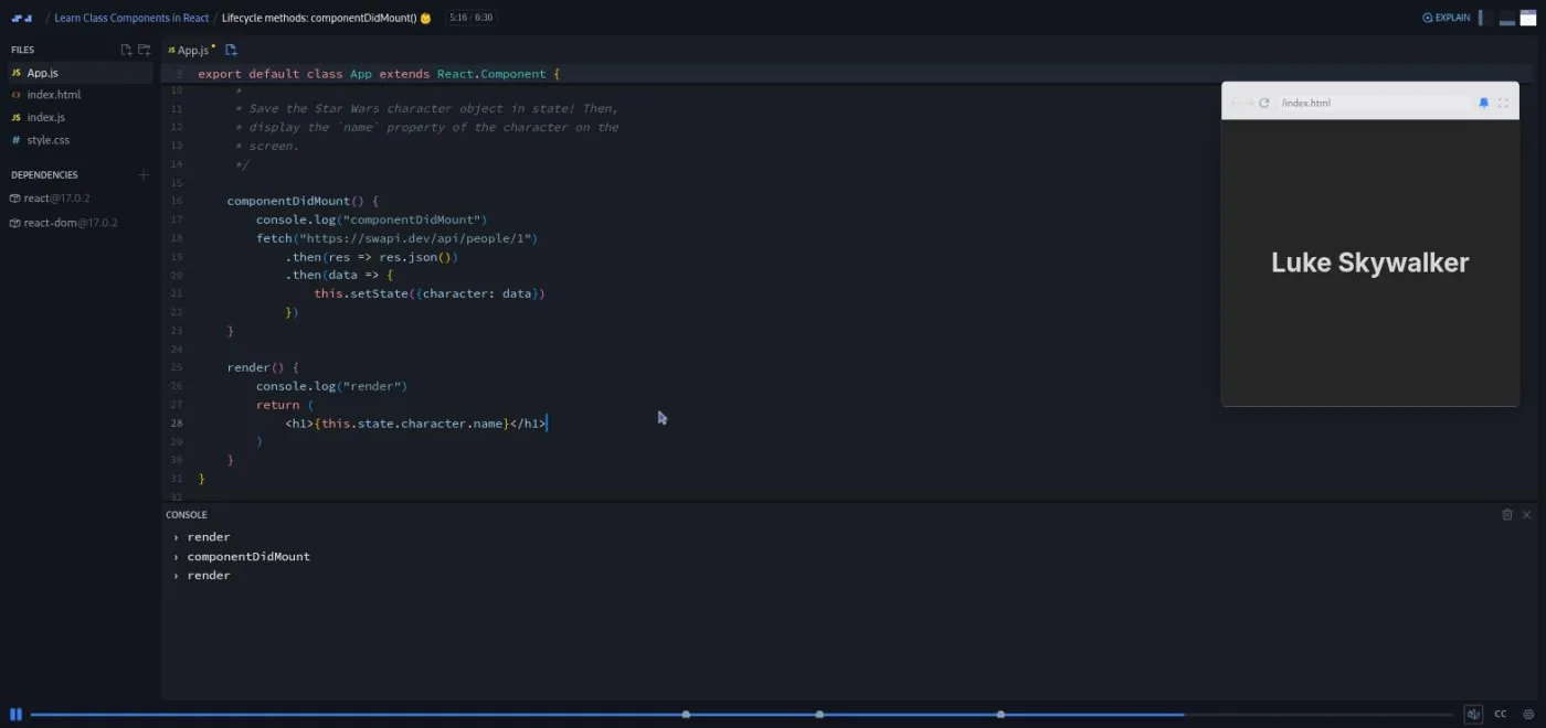 Learn Class Components in React, componentDidMount lesson: the console lists render order and the preview shows a character name.