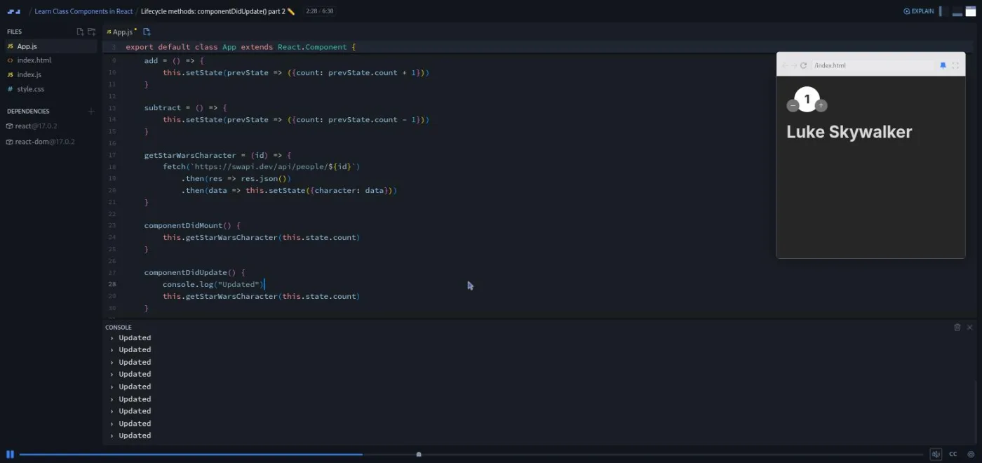 Learn Class Components in React, componentDidUpdate lesson: the console repeats a log line during an infinite update loop.