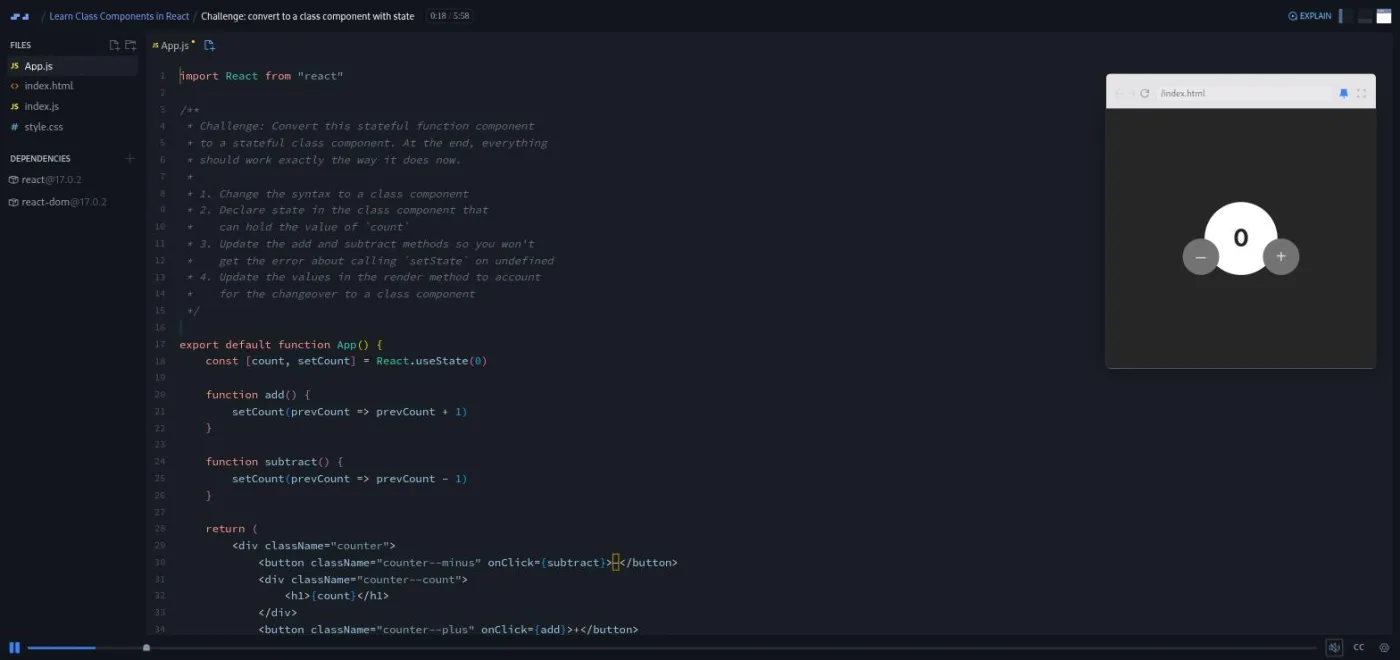 Learn Class Components in React, counter challenge: the preview shows a counter with minus and plus buttons.